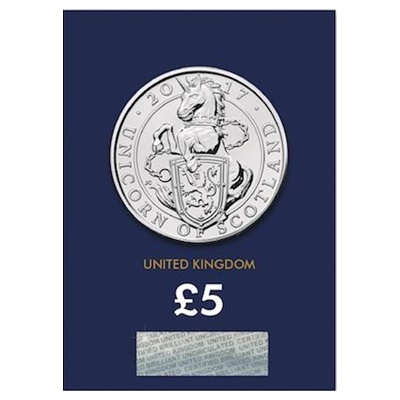 2017 £5 BU Coin (Card) - Queen's Beast - Unicorn of Scotland - Click Image to Close
